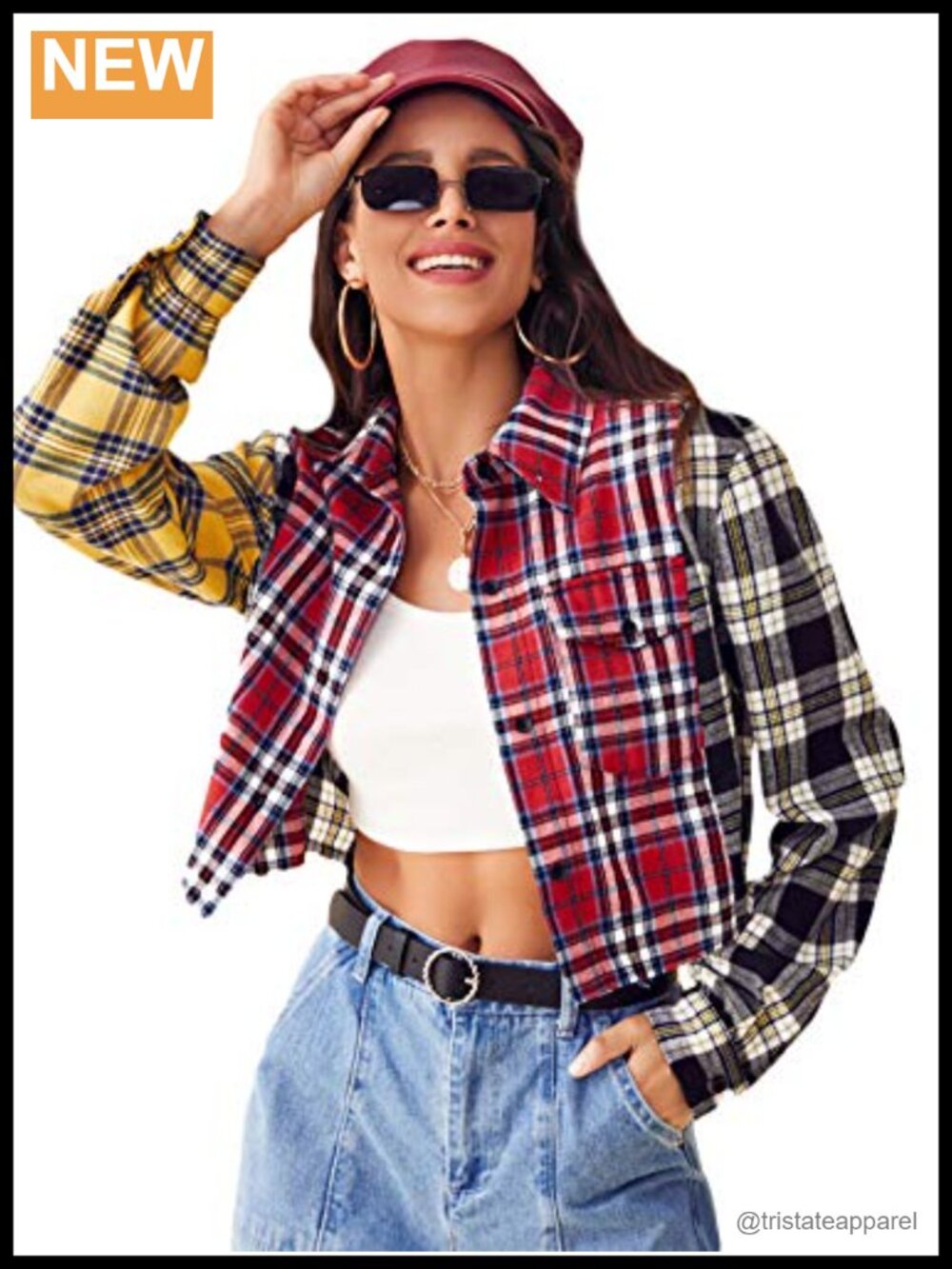 Womens Color Block Plaid Button Down Crop Top Long Sleeve Blouse